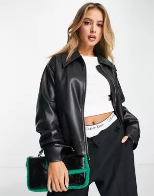 ASOS DESIGN faux leather zip front bomber jacket in black | ASOS (Global)