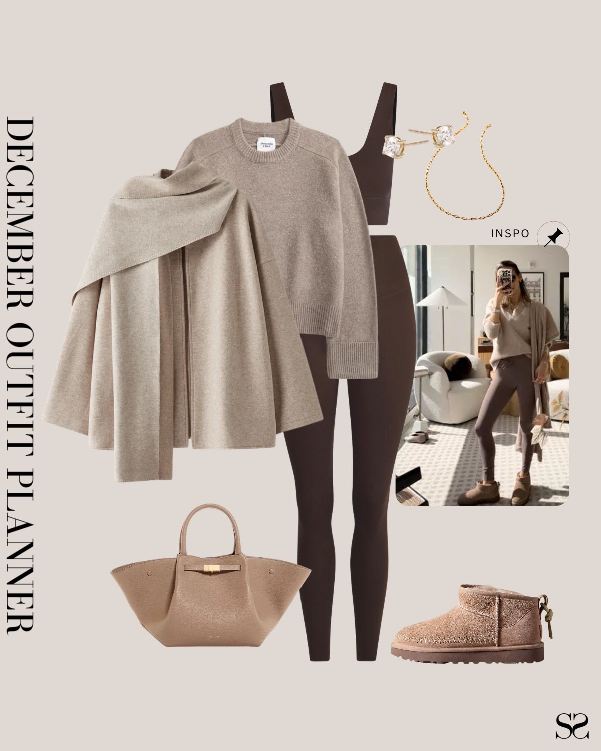 Monthly outfit planner DECEMBER: Winter outfits | brown leggings, Athleisure, shawl cardigan, crewneck sweater, Uggs, leather tote, neutral outfit, weekend outfit 

#classicstyle #casualstyle #LTKstyletip #winteroutfit

Image inspo credit: @karinastylediaries

#LTKootd #LTKSeasonal