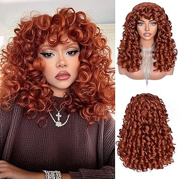 RunM Curly Wig with Bangs for Black Women Long Curly Afro Wig Big Bouncy Fluffy Synthetic Fiber G... | Amazon (US)