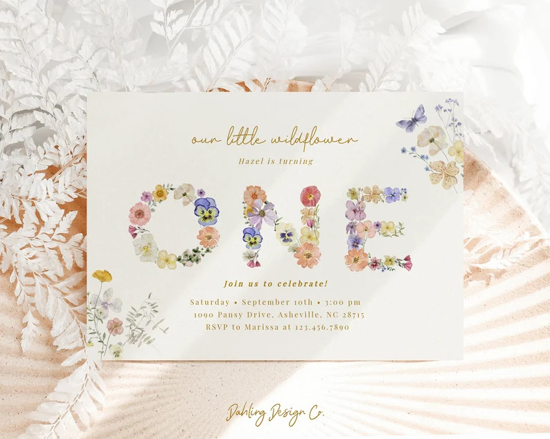 Wildflower First Birthday Invitation Template, Pressed Wildflower Invite, Garden Party, Girl 1st ... | Etsy (US)