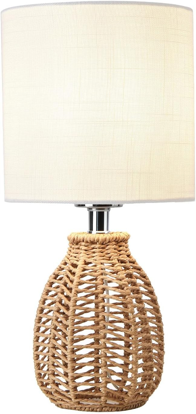KUNJOULAM Rattan Table Lamp, Small Nightstand Lamp with Linen Fabric Lampshade, Desk Lamp Bedside... | Amazon (US)