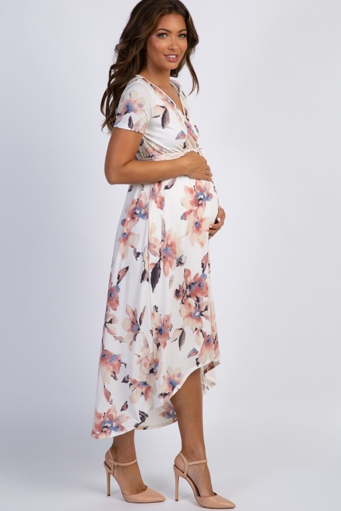 PinkBlush Ivory Watercolor Floral Hi-Low Maternity Wrap Dress | PinkBlush Maternity