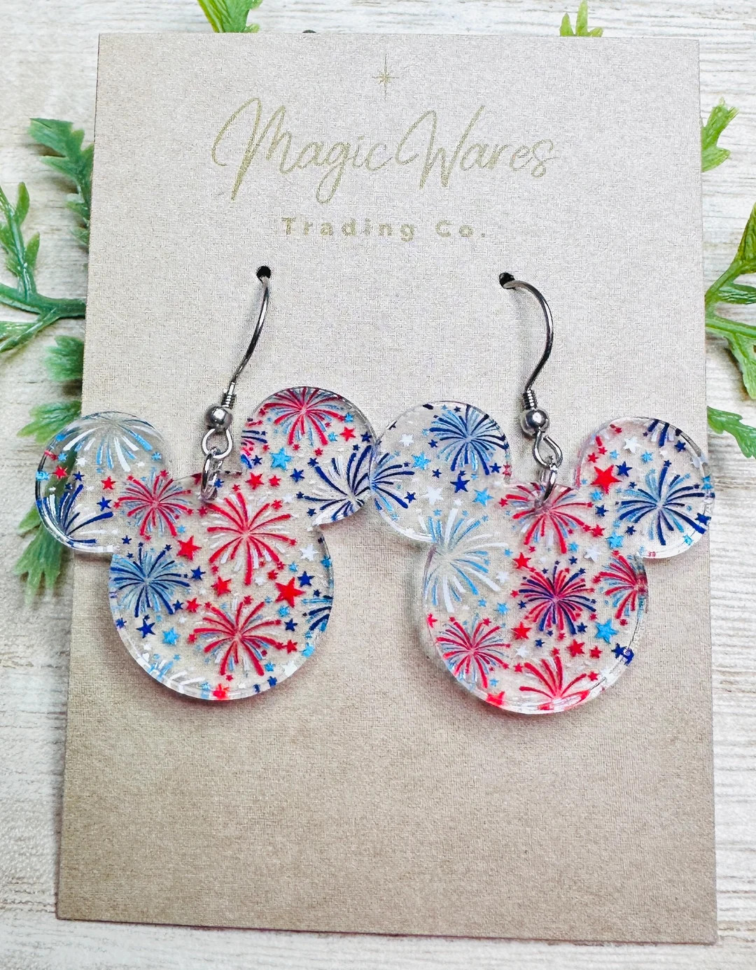 Patriotic Fireworks, Mouse Head Shaped Laser Cut Acrylic Earrings, Red White and Blue Fireworks P... | Etsy (US)