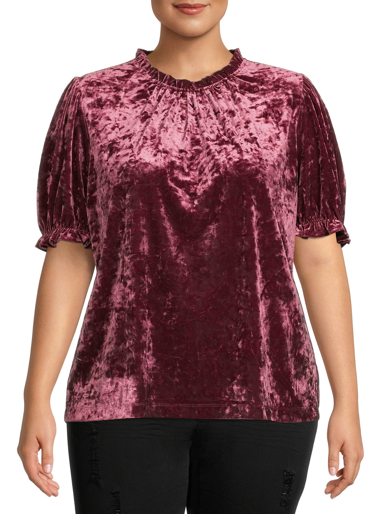 The Get Women's Plus Size High Neck Puff Sleeve Velvet Top | Walmart (US)