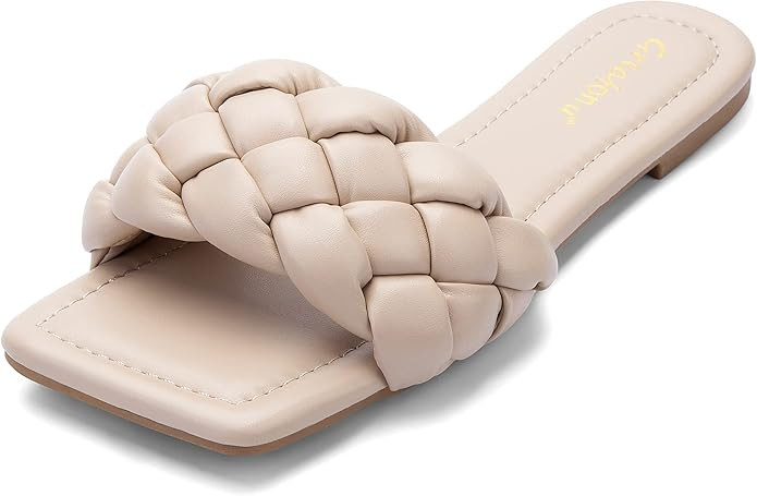 Greatonu Braided Flat Sandals for Women Square Open Toe Slide Sandals Summer Slip On Casual Woven... | Amazon (US)