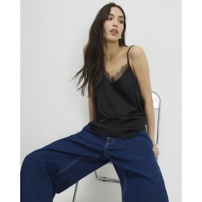 Black Satin Lace Trim Cami Top | River Island UK & IE