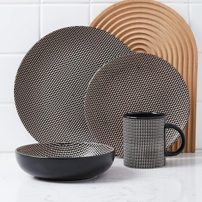 Stone Lain Daisy Stoneware 32-piece Round Dinnerware Set, Brown and Black | Amazon (US)