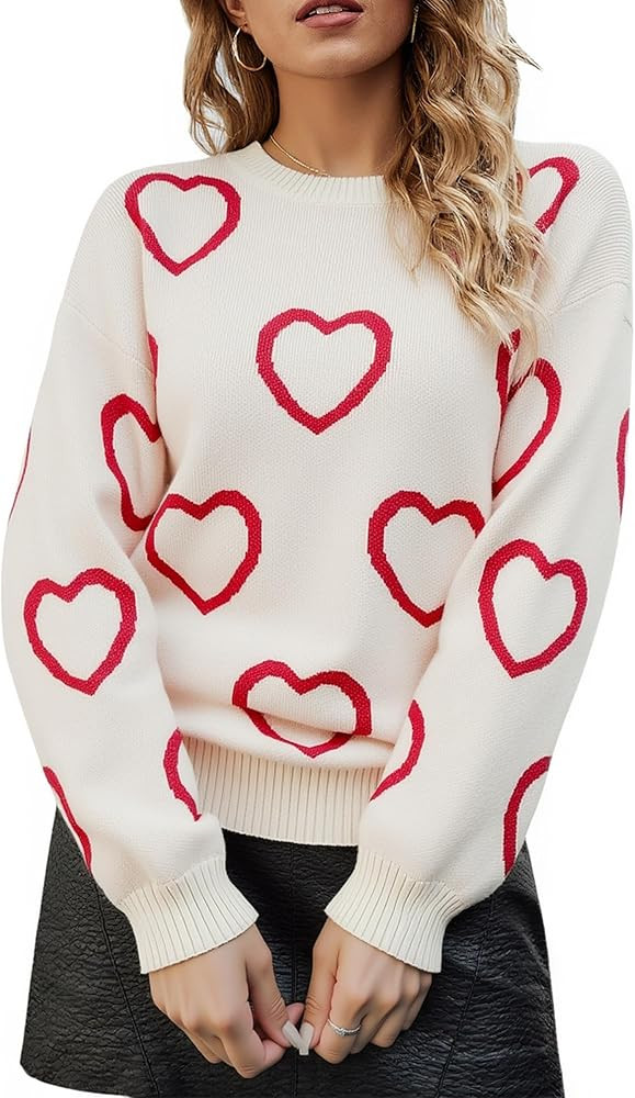 ECOWISH Women Valentine Heart Sweater V Neck Embroidery Knit Loose Casual Long Sleeve Ribbed Pull... | Amazon (US)