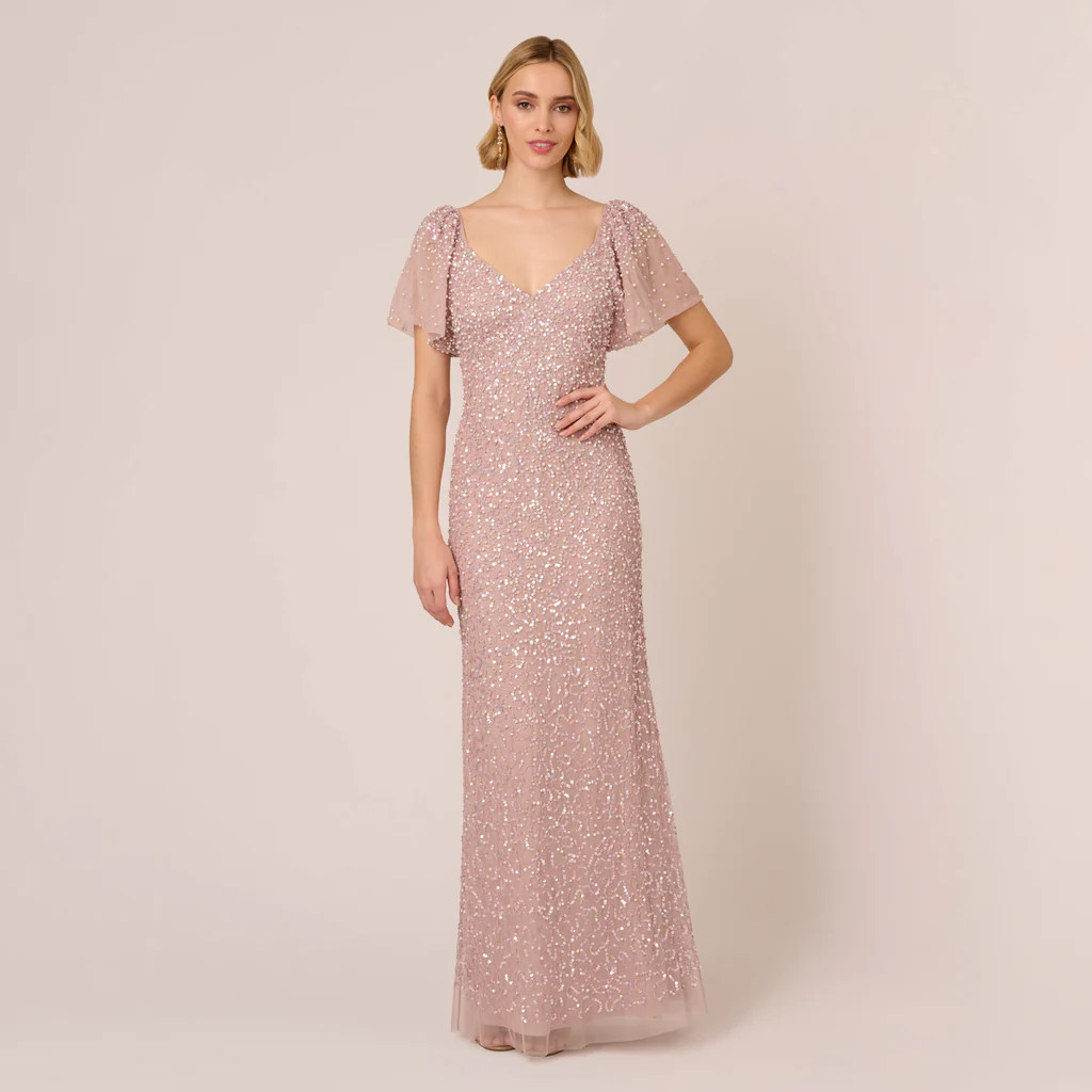 Pearl Beaded Mermaid Gown With Flutter Sleeves In Cameo | Adrianna Papell