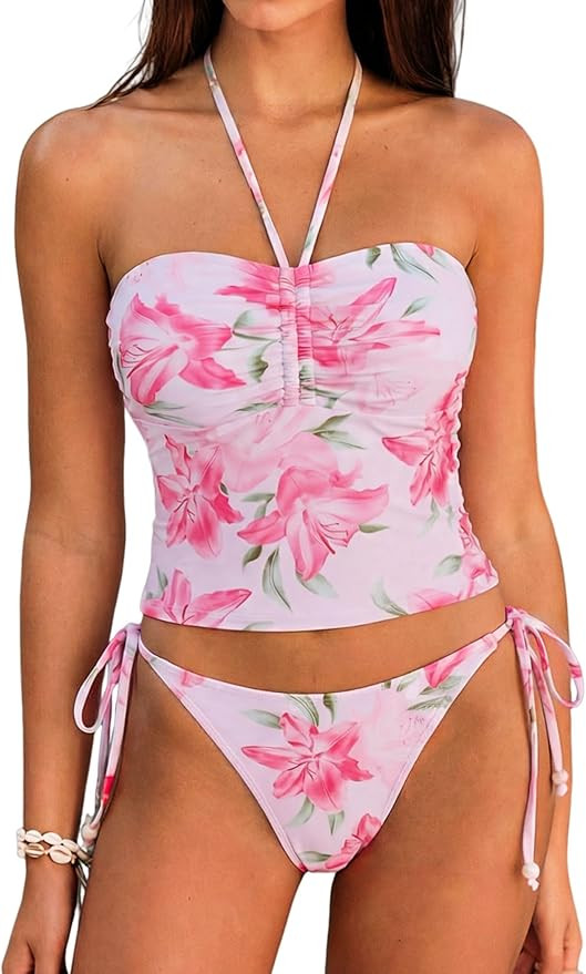 ZAFUL Floral Halter Bandeau Tankini Set Two Piece Tie Side Ruched Tube Bikini Set Swimsuit Bathin... | Amazon (US)