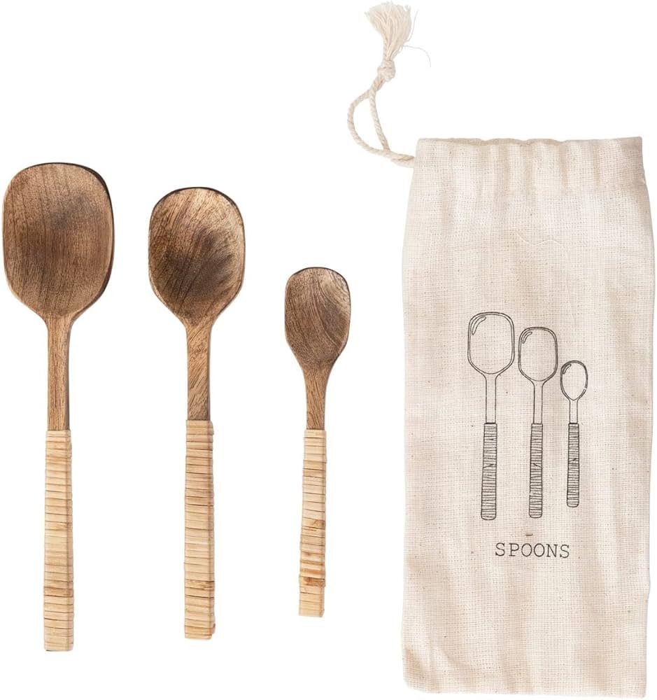 Creative Co-Op Mango Wood Spoons with Bamboo Wrapped Handles, Set of 3 in Printed Drawstring Bag | Amazon (US)