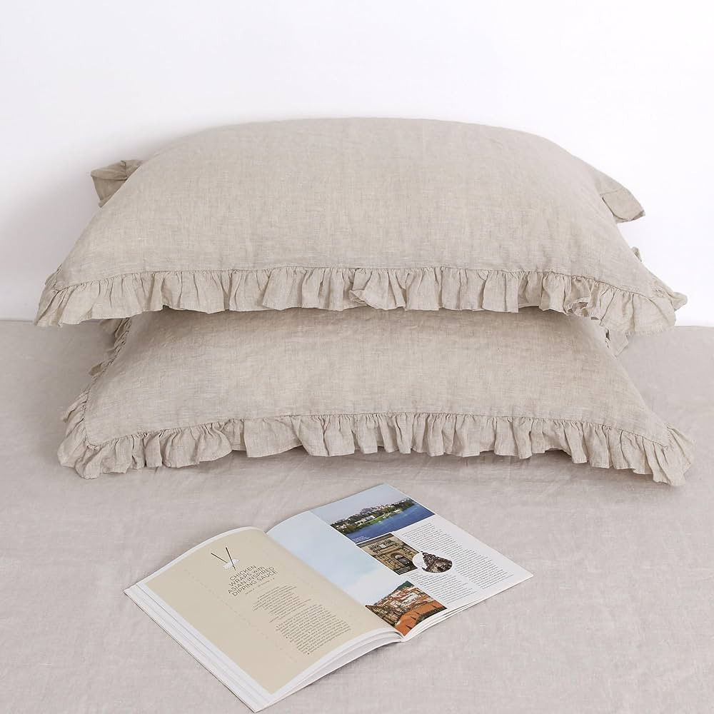 Linen Ruffled Pillow Cases,100% French Natural Linen Pillowcase Set of 2,Ruffled Linen Pillow Sha... | Amazon (US)