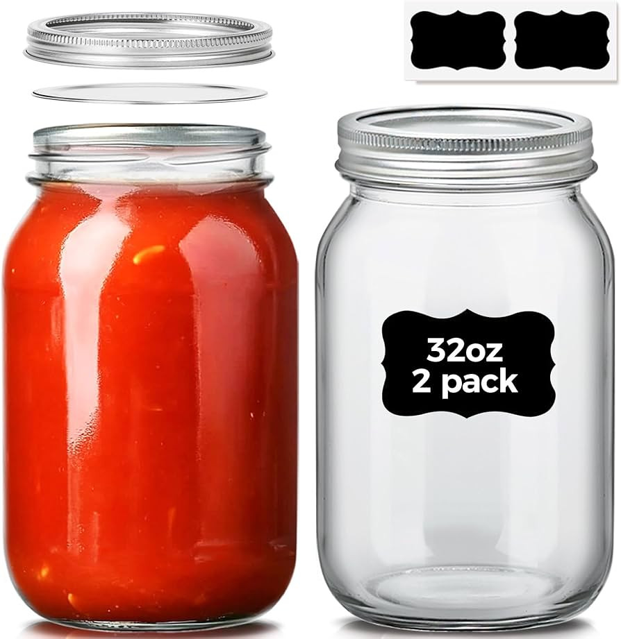 ComSaf Wide Mouth Mason Jars 32 oz with Lids 2 Pcs, Quart Mason Jars with Seal Band, Large Glass ... | Amazon (US)