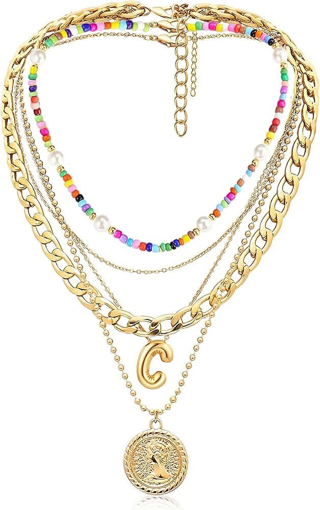 MJartoria Layered Necklaces for Women Trendy Balloon Initial Pendant Necklace Dainty Chunky Chain... | Amazon (US)