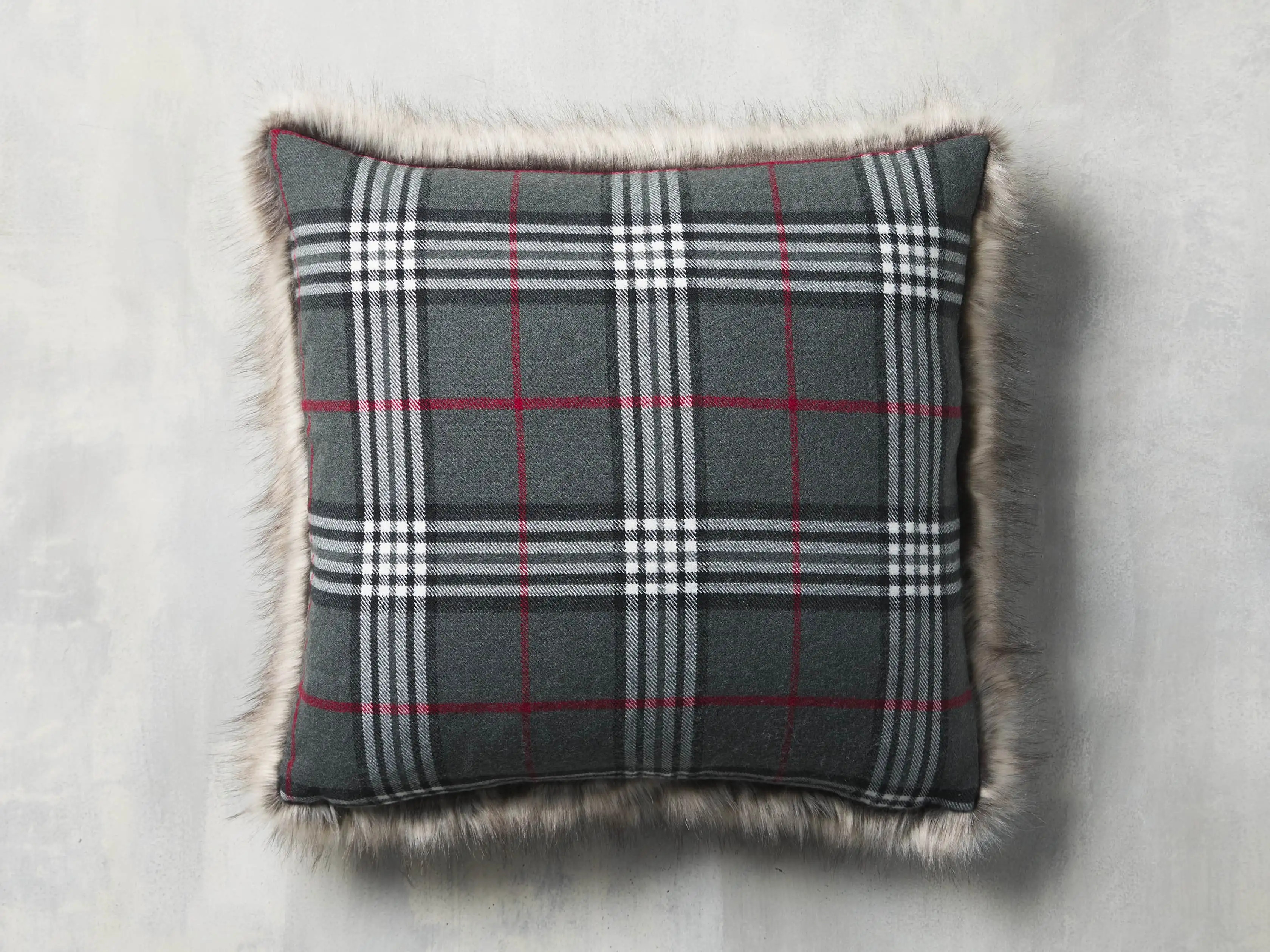 Tartan Faux Fur Pillow in Grey | Arhaus