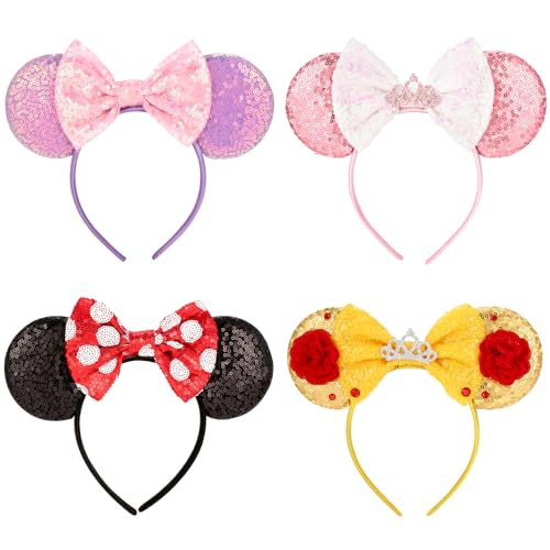 4Pcs Mouse Ears Headband for Women & Girls - Sequin Mouse Ears for Boys & Girls, Glitter Bows Headband for Kids & Adults - Birthday Party & Halloween (Golden, Pink, Purple, White Dot) | Amazon (US)