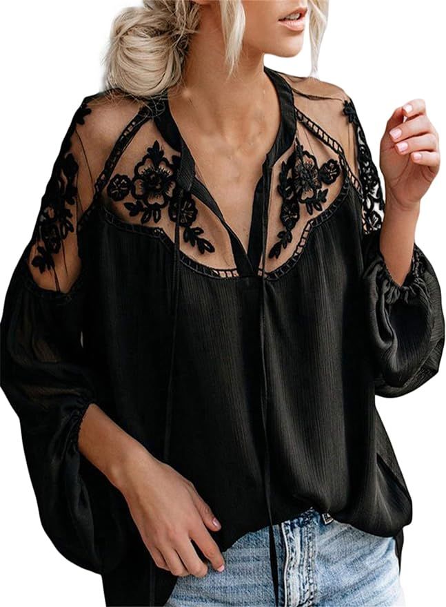 Happy Sailed Women's Casual Loose Shirt Long Sleeve V-Neck Blouse Tops | Amazon (US)