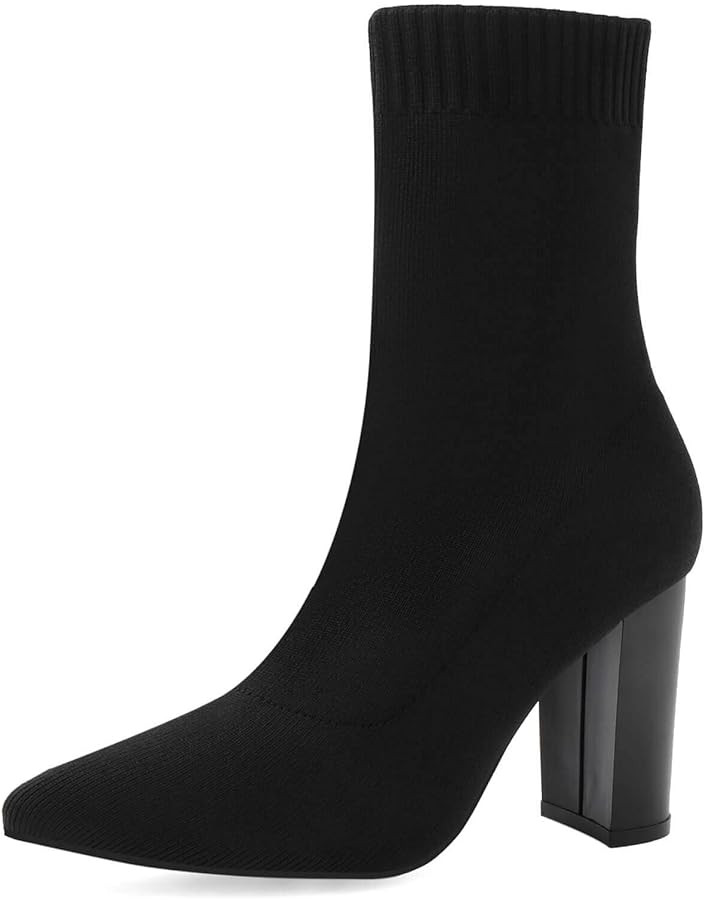 Shoe'N Tale Women's Ankle Boots Pointed Toe Chunky High Heel Slip-on Stretchy Booties Shoes | Amazon (US)