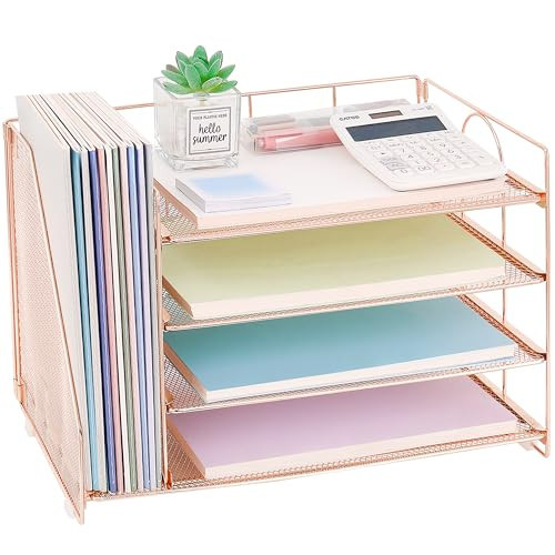 OPNCIE Desk Organizers and Accessories, 4 Tier Paper Letter Tray File Organizer, Office Organization Storage Desk Accessories Workspace Desktop Organizer for Classroom Office Supplies Decor, Rose Gold | Amazon (US)