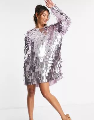 ASOS EDITION mini batwing dress in sequin fringe in lilac | ASOS (Global)