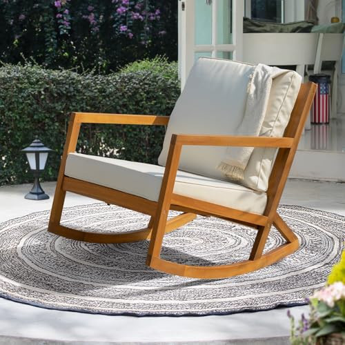 IDZO Premium Club Rocking Chairs 500lbs Capacity with Inclined Backrest, Thick Foam, Solid Acacia Wood Rocker for Patio, Backyard, Balcony, Porch, Beige - 2 Cushions | Amazon (US)