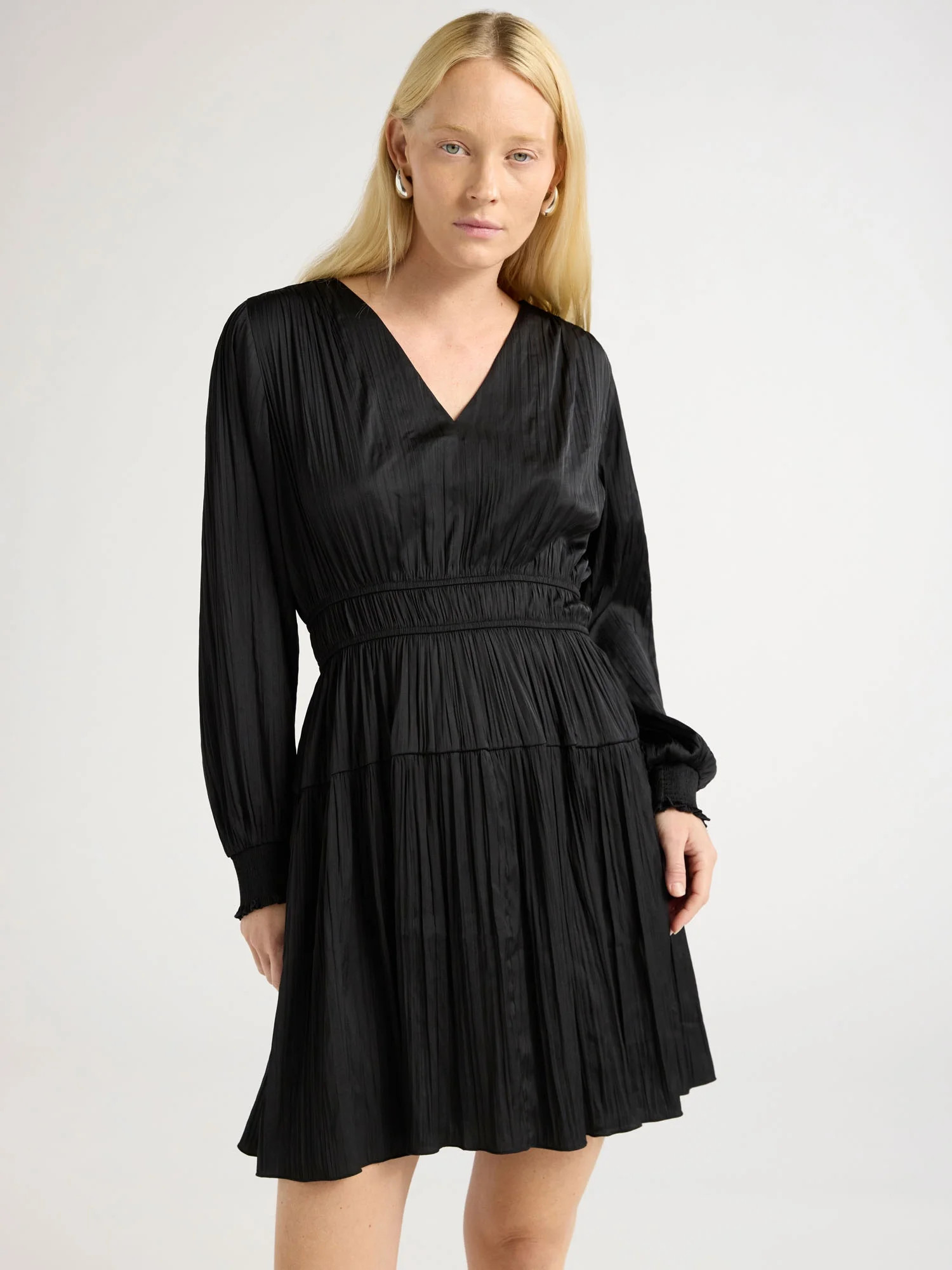 Scoop Women's and Women's Plus Crinkle Satin V-Neck Shirred Mini Dress with Long Sleeves, Sizes X... | Walmart (US)