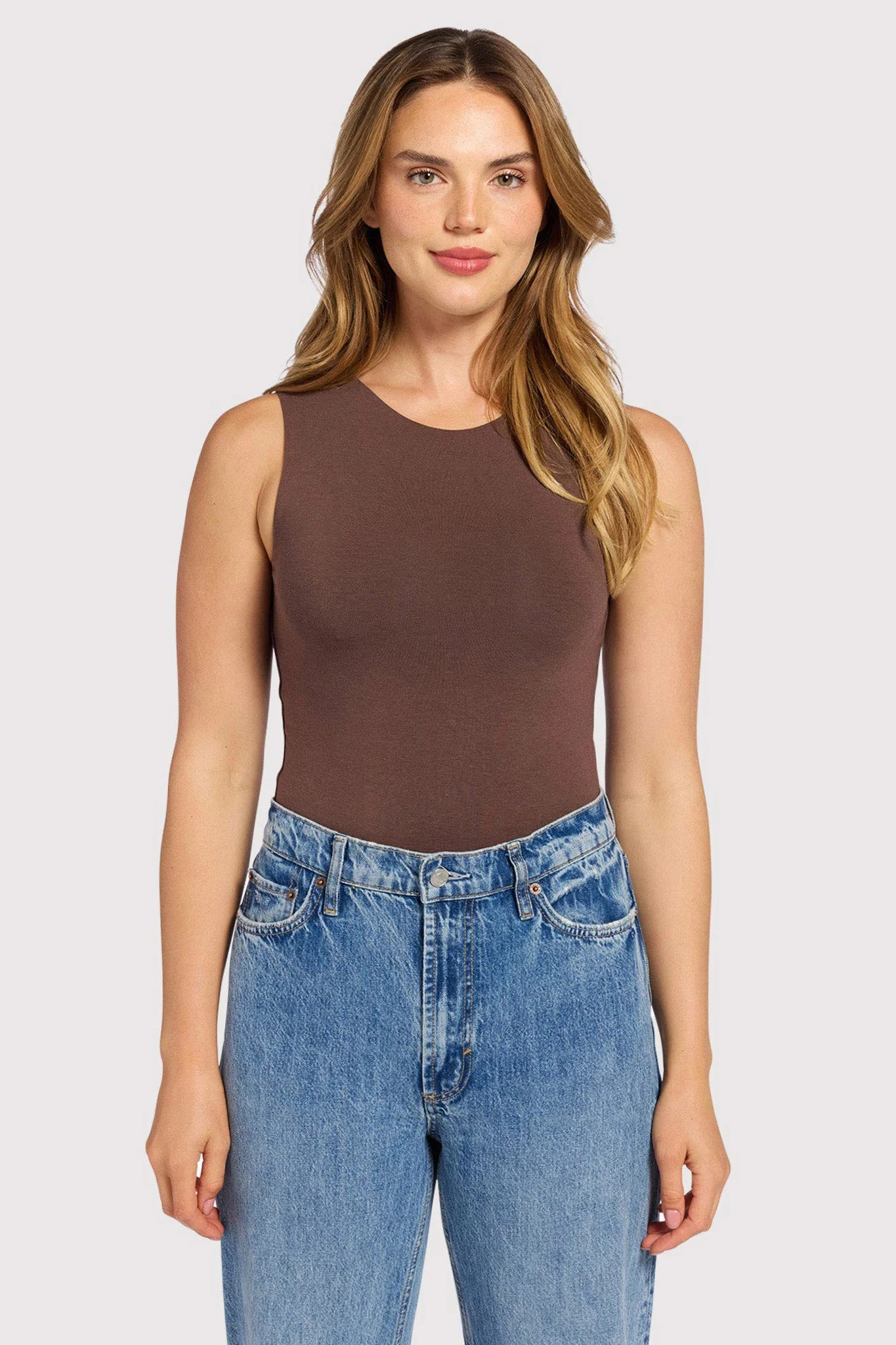 Cotton Stretch Classic Crewneck Tank Bodysuit | Coffee | Nuuds US