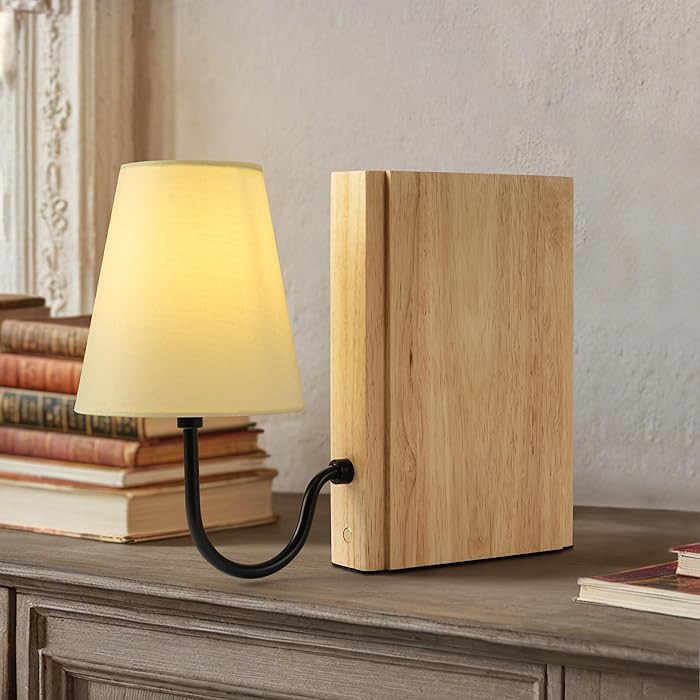 AELS Wooden Bookshelf Lamp with Bulb, Cordless Touch Dimmable Table Lamp with Linen Fabric Shade,... | Amazon (US)