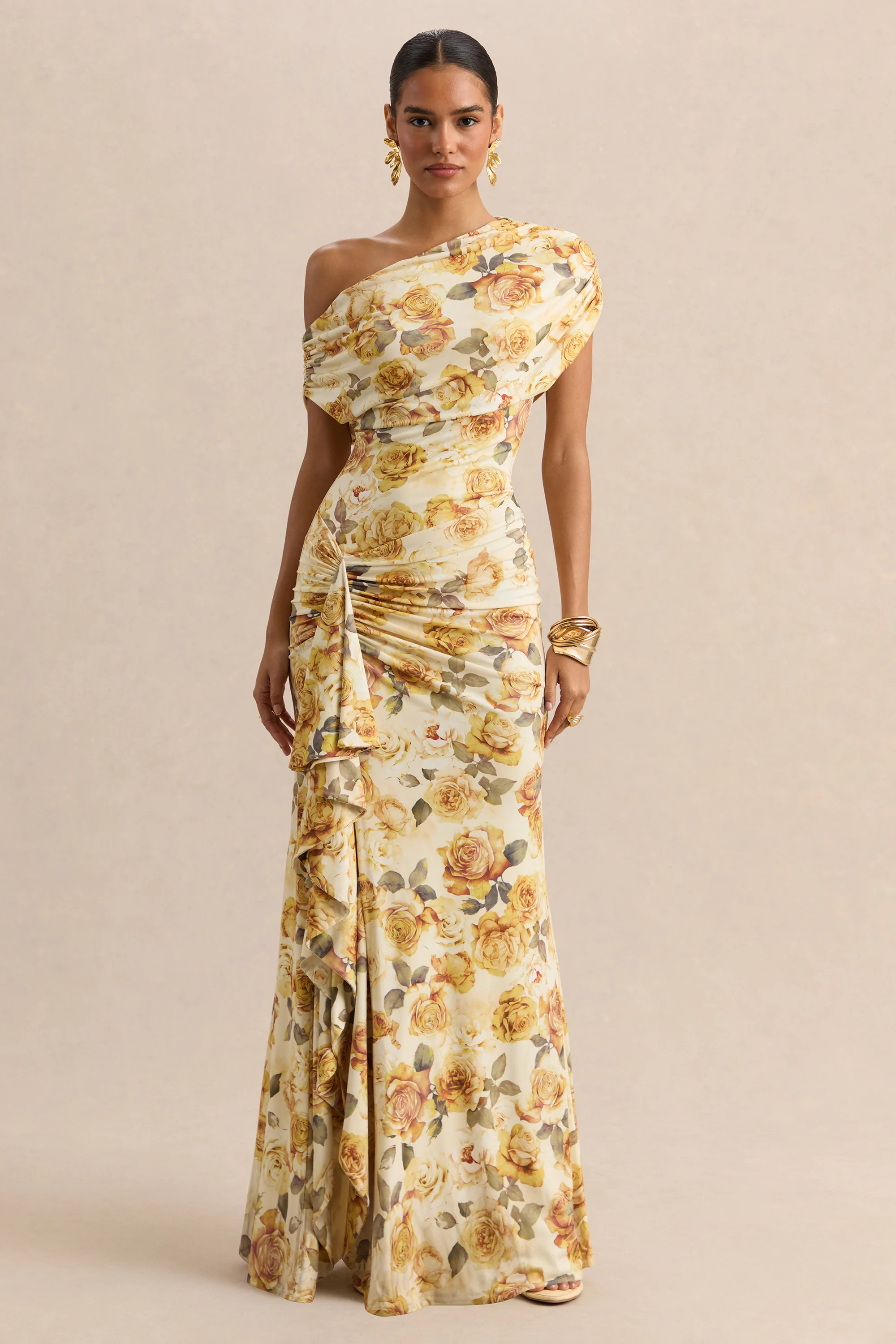 Siora | Lemon Rose Print Asymmetric-Neck Maxi Dress With Draped-Detailing | Club L London