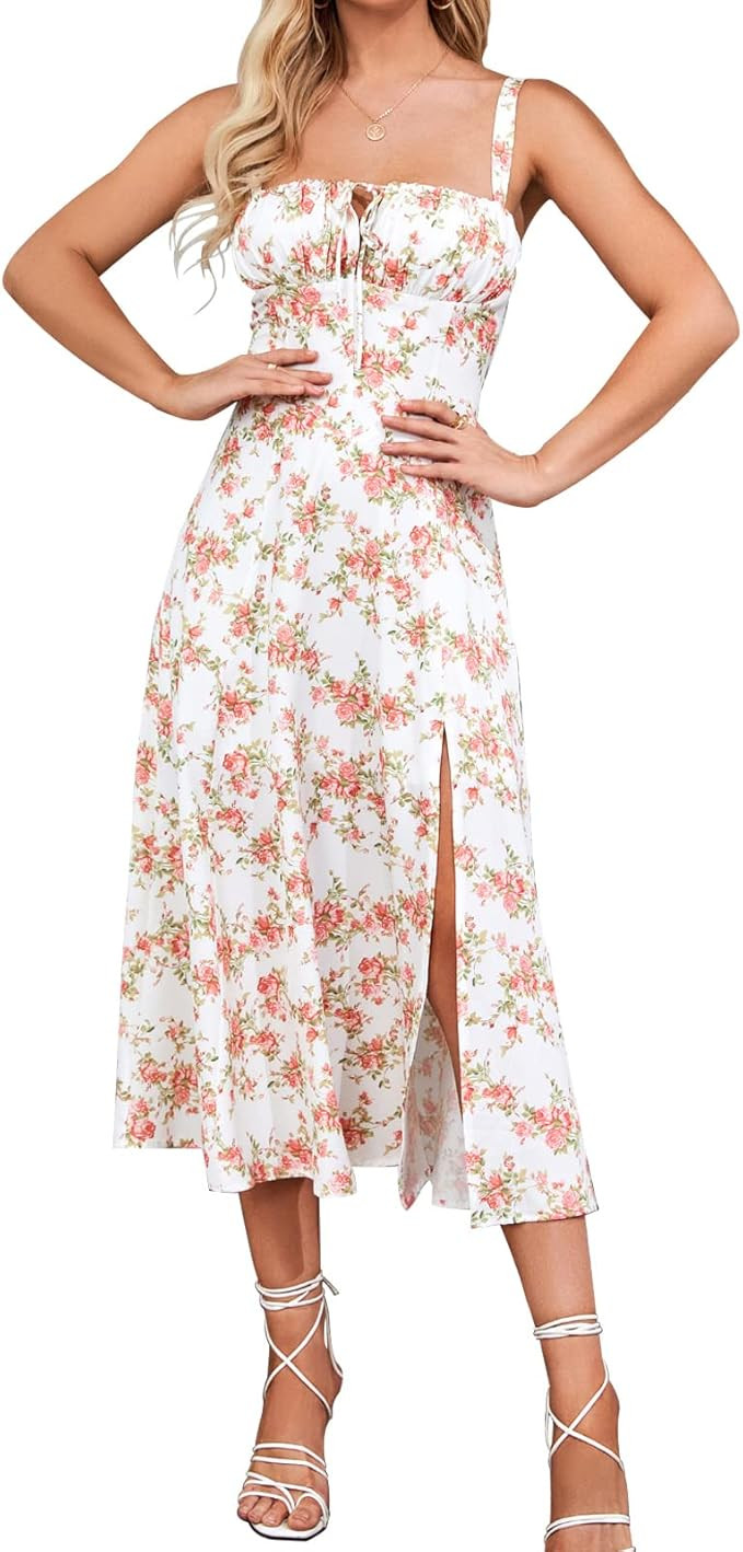 Floral Midi Corset Dress Wedding Guest Flowy Slit Lace Up Dresses for Women Tea Party A Line Casu... | Amazon (US)