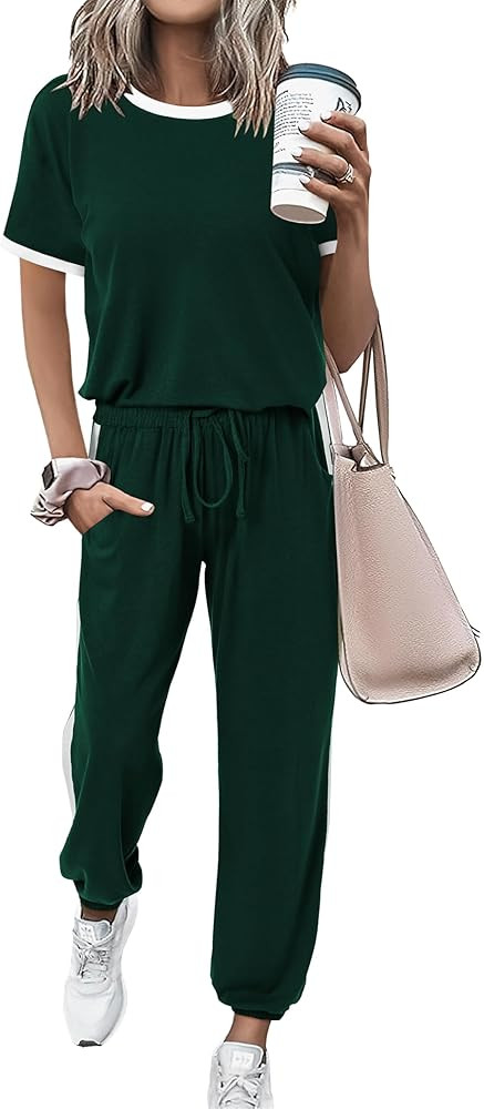 MASCOMODA Womens 2 Piece Outfits 2026 Summer Tracksuit Sets Short Sleeve Tops Travel Long Pants J... | Amazon (US)