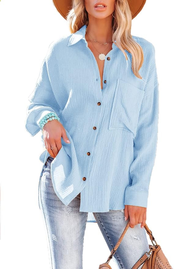 Paintcolors Women's Button Up Shirts Cotton Roll-up Sleeve Blouses V Neck Casual Tunics Solid Col... | Amazon (US)