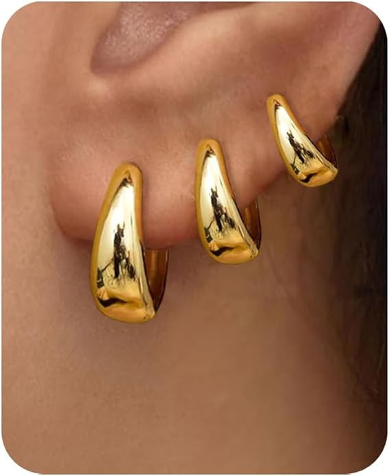 3Pairs Gold Hoop Earrings Set for Women Trendy Chunky Huggie Dainty Earring Jewelry for Women Tee... | Amazon (US)