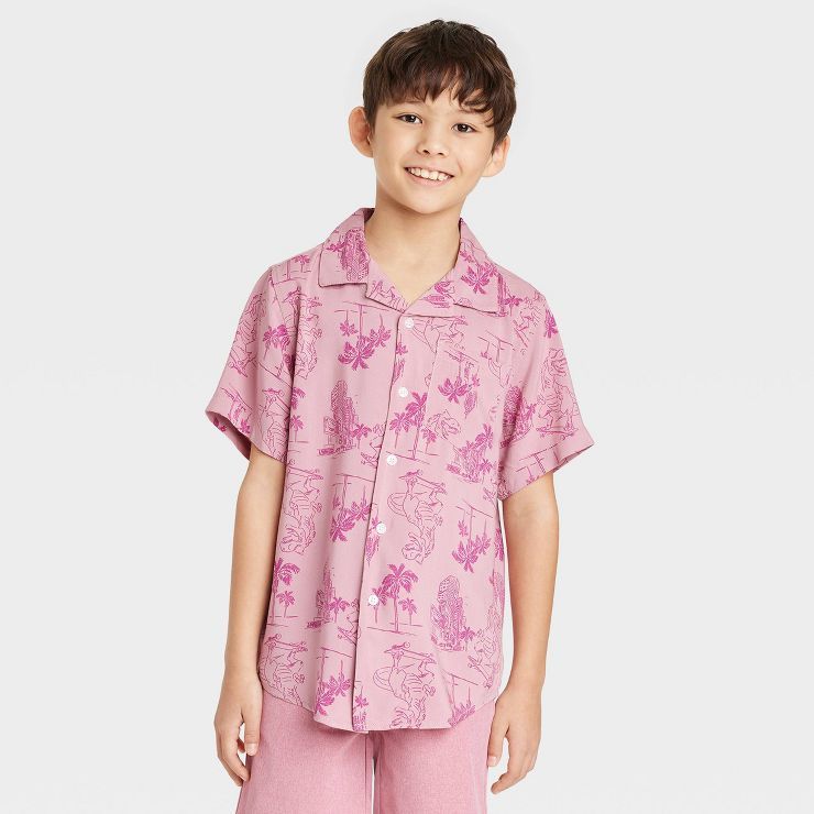 Boys' Dino Tropical Button-Down Short Sleeve Resort Shirt - Cat & Jack™ Pink | Target