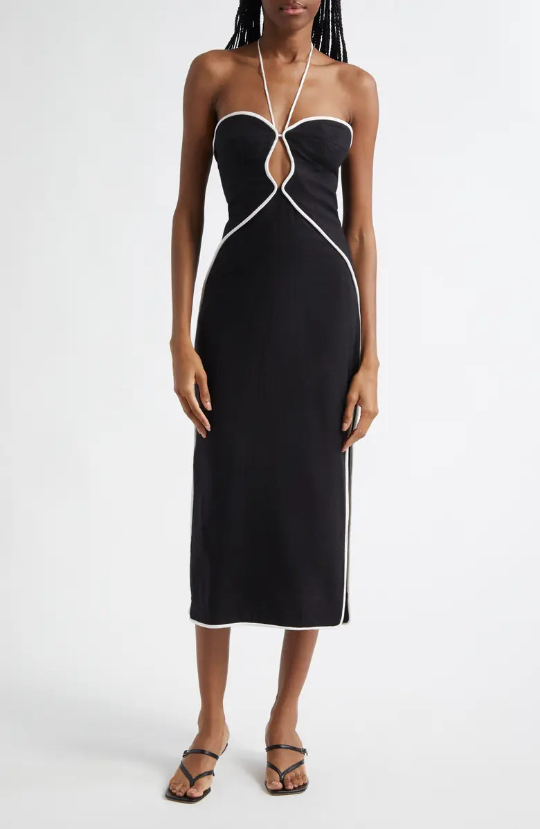 Contrast Detail Center Cutout Linen Blend Midi Dress | Nordstrom