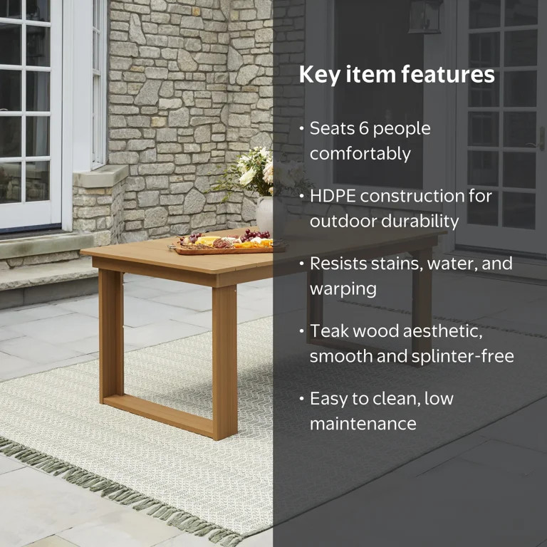 Better Homes & Gardens Ezra Outdoor HDPE Dining Table, Teak, Seats 6 | Walmart (US)
