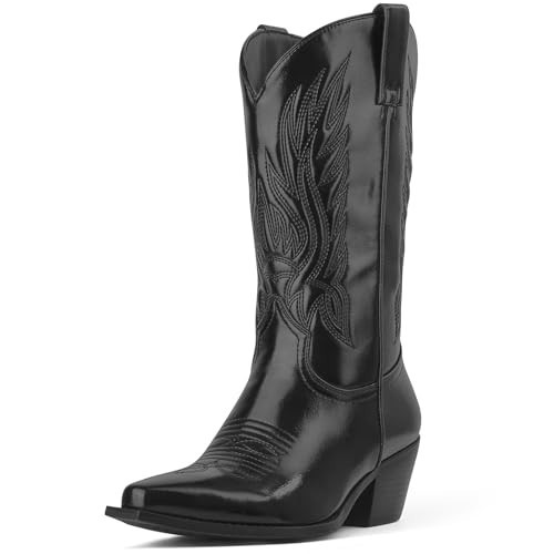 Black Cowboy Boots for Women – Mid Calf Cowgirl Boots Embroidered Chunky Heels Pointed Toe Pull On, Perfect for Partys, Country Music Festivals, Concerts, and More Size 9.5 | Amazon (US)