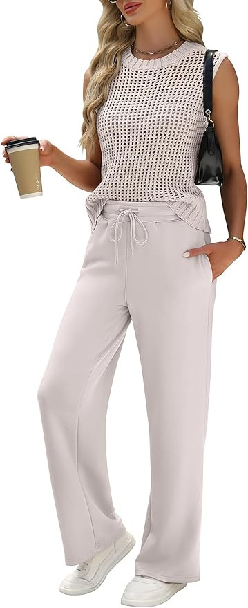 ANRABESS Women 2 Piece Summer Outfits 2025 Crochet Sweater Vest Wide Leg Pants Lounge Matching Se... | Amazon (US)