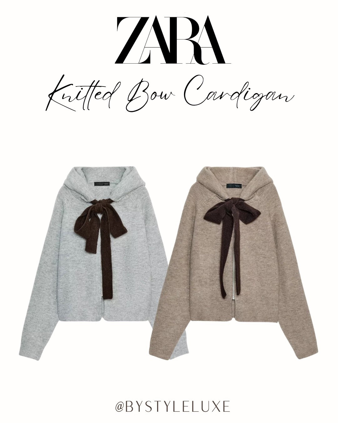The viral Zara knitted bow cardigans in grey and beige taupe. Gorgeous elevated casual everyday piece

#zara #knitwear #winteroutfit 

#LTKwinter #LTKuk #LTKhome