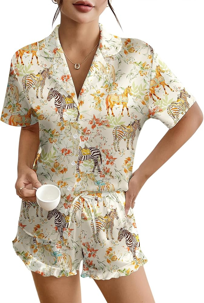 Ekouaer Womens Silk Pajamas Button Down 2 Piece Satin Pjs Shorts Set Ruffle Lingerie Notch Collar... | Amazon (US)