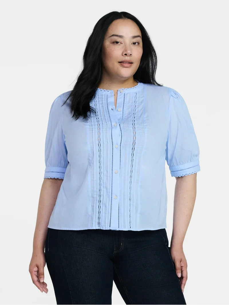 Time and Tru Women's and Women's Plus Cotton Lace Inset Blouse with Elbow Length Sleeves, Sizes X... | Walmart (US)