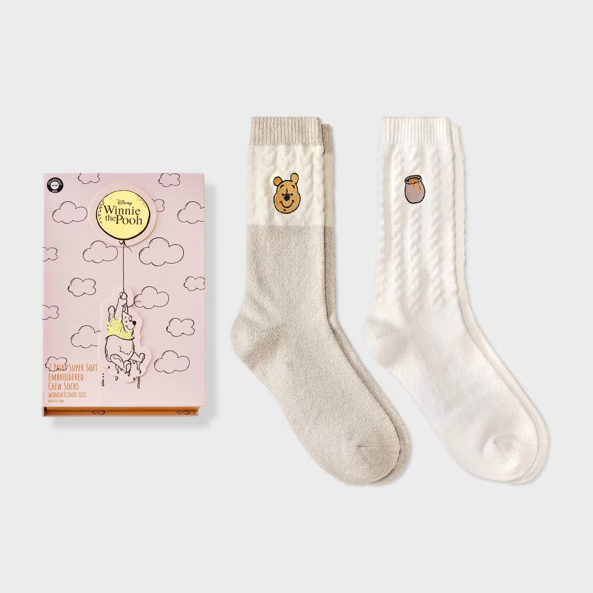 Women's 2pk Winnie The Pooh Pop-Up Storybook Supersoft Embroidered Crew Socks - Ivory/Oatmeal Hea... | Target