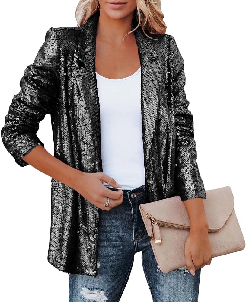 SEMATOMALA Women's Sequin Shiny Open Front Blazer Evening Party Sparkly Long Sleeve Slim Cardigan... | Amazon (US)