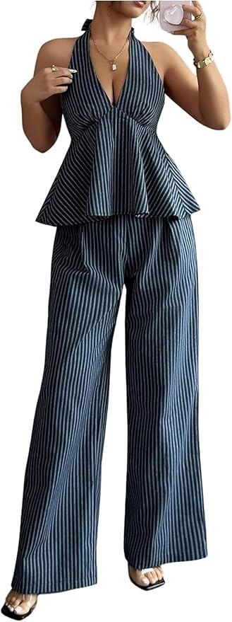 OYOANGLE Women's Two Piece Striped Outfits Backless Ruffle Halter Shirt Wide Leg Pants Business C... | Amazon (US)
