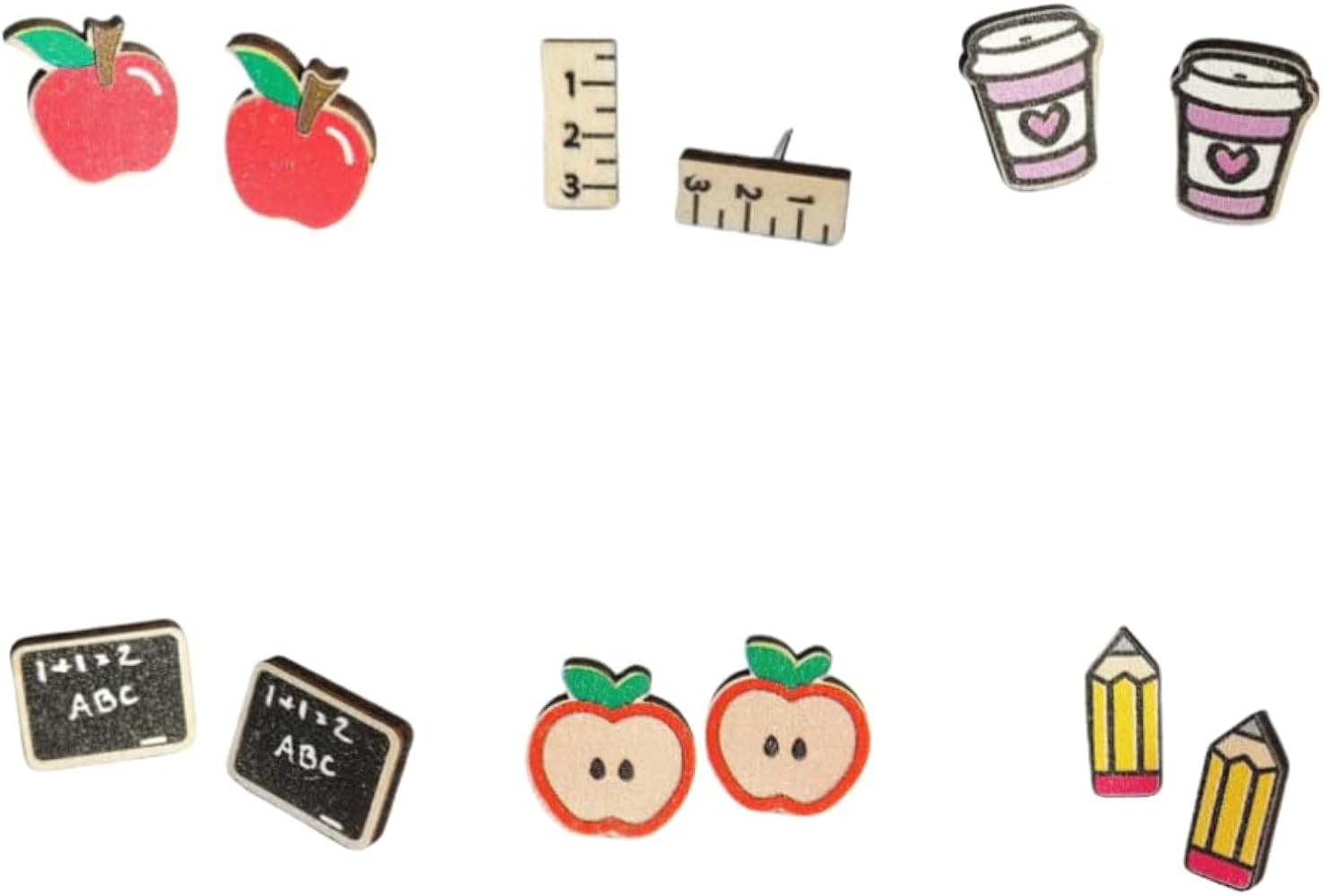 Pingyongchang 6 Pairs Cute Teacher Stud Wood Earrings Funny Handmade Colorful Book Pencil Crayon ... | Amazon (US)