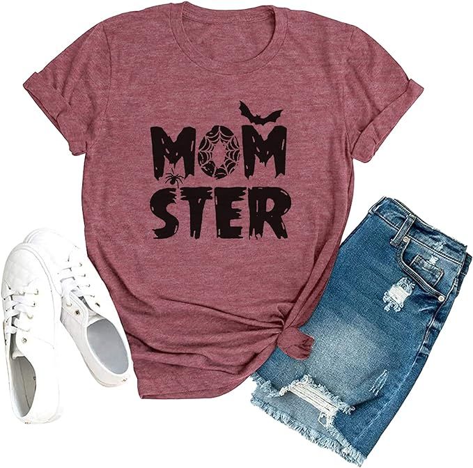 Momster T Shirt Women Funny Halloween Spider Bat Graphic Tee Casual Mom Ster Letter Print Hocus P... | Amazon (US)
