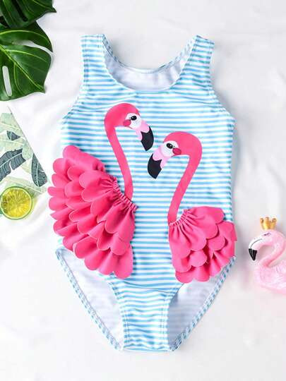 Young Girl Summer Beach Striped Flamingo Print One-Piece Swimsuit | SHEIN