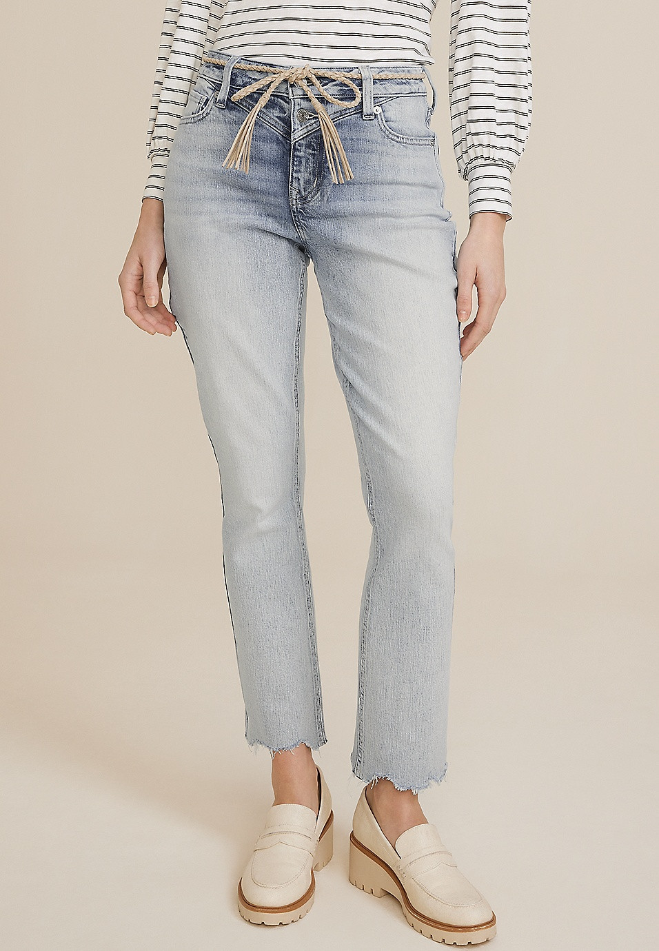 m jeans by maurices™ Curvy High Rise Belted Kick Boot Ankle Jean | Maurices