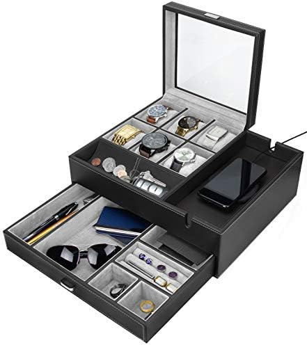 HOUNDSBAY Commander Dresser Valet Watch Box Case & Mens Jewelry Box Organizer with Smartphone Cha... | Amazon (US)