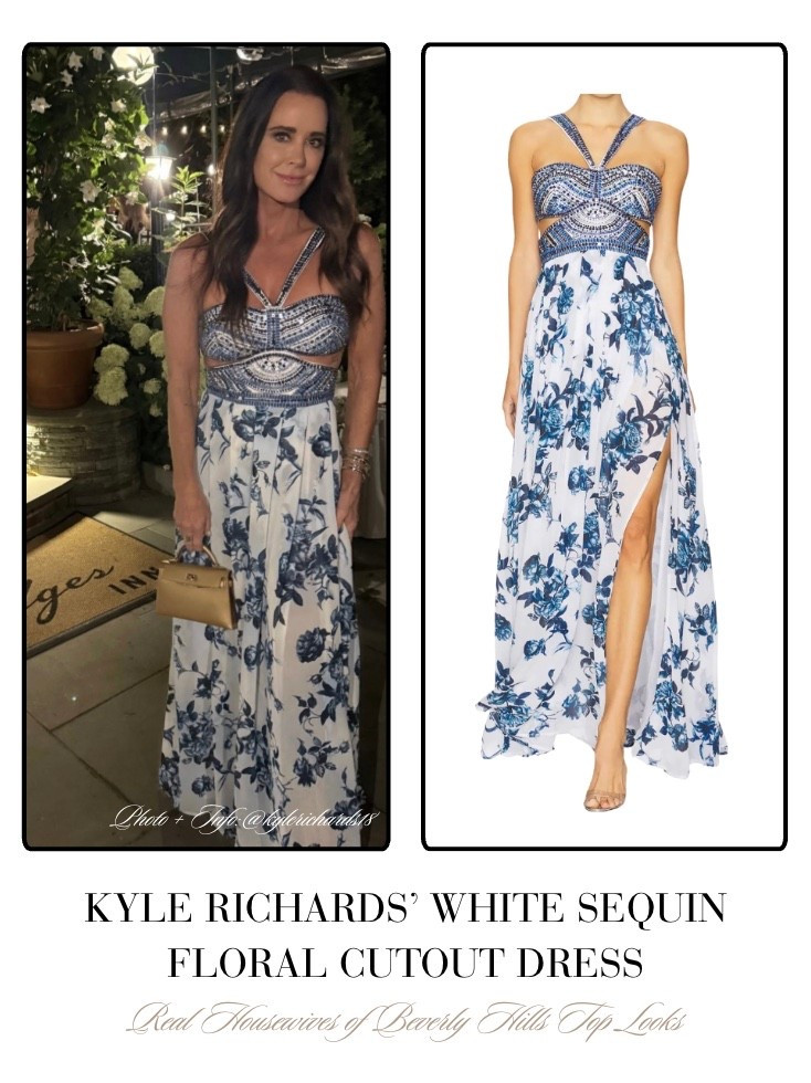 Kyle Richards’ White Sequin Floral Cutout Dress 📸 + Info= @kylerichards18